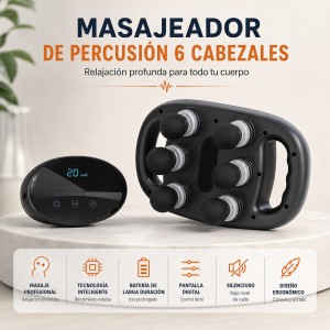 Masajeador de Percusión 6 Cabezales Recargable por Mayoreo