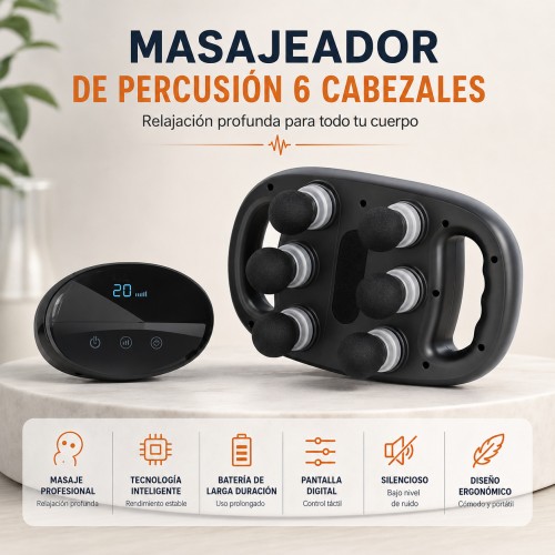 Masajeador de Percusión 6 Cabezales Recargable por Mayoreo