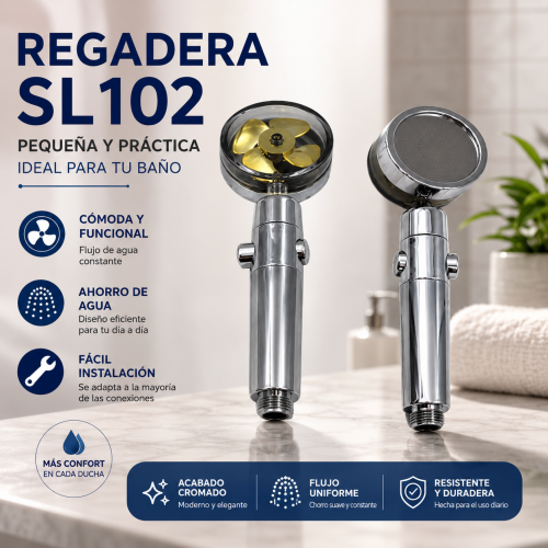 Regadera de mano para baño SL102y cabezal con rotor visible. Diseño compacto de 25 cm, ideal para uso diario. Venta por mayoreo