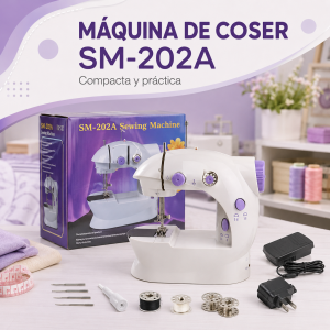 Máquina de coser compacta modelo SM-202A en color blanco con detalles morados, caja y accesorios visibles. Ideal para catálogo y comercialización. Venta por mayoreo