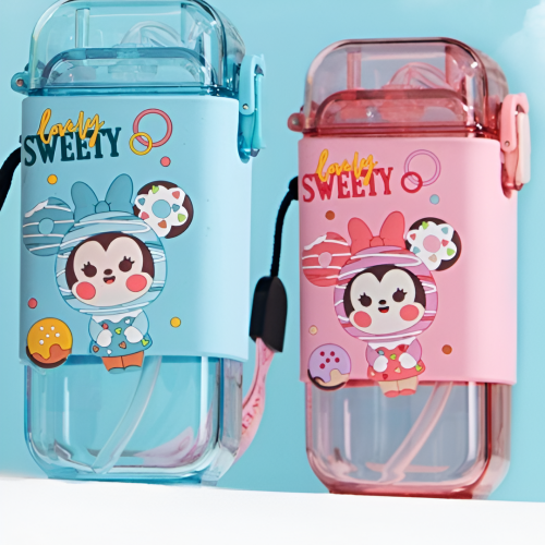 Botella de agua cuadrada con popote y correa Minnie&Mickey 280ml SYU-VAS