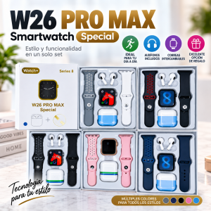 Smartwatch W26 Pro con audífonos y correas, ideal para uso diario y regalo. Venta por mayoreo
