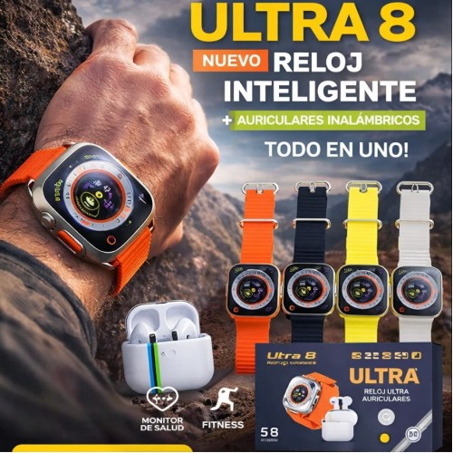 Smartwatch Ultra 8 Pro Max con audifonos, diseño deportivo y pantalla táctil. Ideal para monitoreo de actividad, uso diario y estilo moderno. Reloj inteligente para venta al por mayor. TB-6804