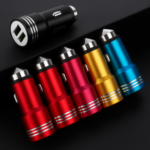 Cargador de auto doble USB metálico, adaptador rápido para celular y dispositivos, compatible con 12V/24V, colores surtidos, venta por mayoreo TC-2009