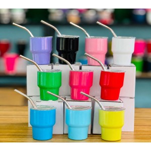 Mini termo Shot 3 oz con popote acero inoxidable colores surtidos por mayoreo 