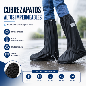Cubrezapatos altos impermeables con ajuste elástico, cierre lateral, correa de seguridad y suela antiderrapante. Tallas variadas. Venta por mayoreo