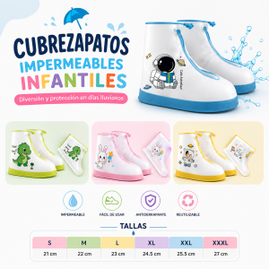Cubrezapatos impermeables infantiles, suela antiderrapante y diseños surtidos. Tallas variadas S a XXXL. Venta por mayoreo