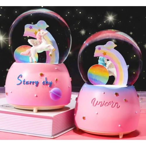 Bola de cristal de unicornio, caja de música iluminada de colores con copos de nieve, bola de cristal de caja de música 8*8*12.5cm TOY514