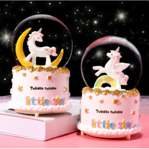 Bola de nieve con música en forma de unicornio, bola de cristal de caja de música de ensueño con copos de nieve iluminados, tamaño del producto: 12*9*9 cm TOY518