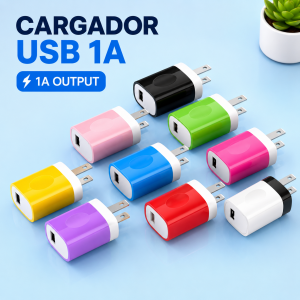 Cargador USB de pared con un puerto y varios colores disponibles, ideal para carga de dispositivos compatibles. Venta por mayoreo