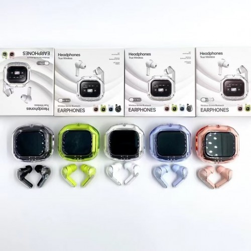 Audífonos inalámbricos Bluetooth Air Max con estuche transparente, pantalla digital, micrófono y batería recargable, venta por mayoreo  TWS-6350