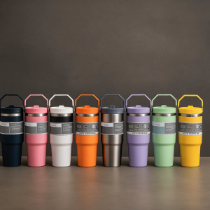 Termo VACUUM de 30oz (887ml) con agarradera, diseño liso, colores variados. Venta por mayoreo