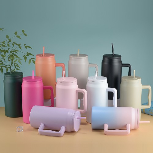 Vaso Tarro Térmico Estilo con Asa y Popote por Mayoreo [VAS-7812]