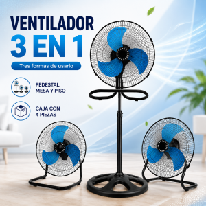 Ventilador 3 en 1 con tres aspas, adaptable como ventilador de pedestal, mesa o piso. Venta por mayoreo
