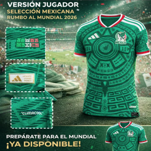 Playera selección mexicana versión jugador tallas variadas Ch/M/G/XL/2XL diseño verde con detalles tricolor. Mundial 2026. Venta por mayoreo
