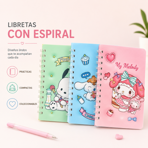 Libreta A5 espiral con separadores y diseño kawaii por Mayoreo