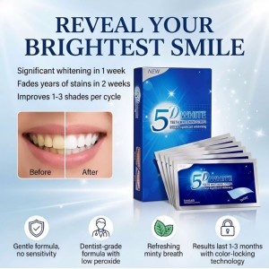 Tiras blanqueadoras dentales 5D en presentación de siete pares, equivalentes a 14 piezas. Cada par incluye dos tiras. Venta al por mayor