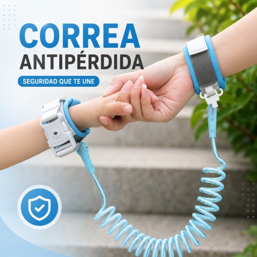 Correa antipérdida para niños de 1.5 metros con cable espiral y correas ajustables, ideal para paseos y espacios concurridos. Venta por mayoreo