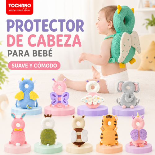 Protector de cabeza para bebé con diseño acolchado anticaídas tipo mochila y figuras de animalitos, ideal para acompañar sus movimientos. Venta por mayoreo