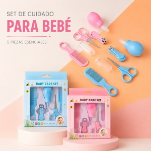 Set de cuidado para bebé de 5 piezas con accesorios básicos de higiene y arreglo personal, colores rosa y azul. Venta por mayoreo