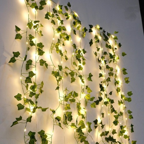 Guirnalda decorativa con luces LED cálidas y hojas artificiales – Enredadera luminosa para interiores y eventos W-JDJ2840
