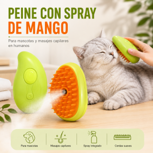 Peine con spray tipo mango para grooming de mascotas y masaje capilar. Diseño práctico y cómodo para uso diario. Venta por mayoreo