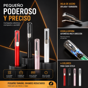 Cortador de pelo eléctrico pequeño y portátil, ideal para retoques rápidos y uso diario. Presentación en 4 colores surtidos. Venta por mayoreo