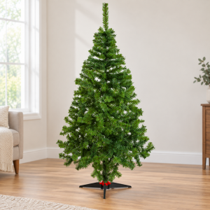 Árbol de Navidad artificial verde de 180 cm con 280 puntas de PVC y base de hierro, ideal para decoración navideña. Venta por mayoreo