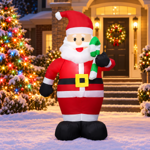 Santa Claus inflable de 120 cm con bastón verde y blanco, ideal para decorar hogares, entradas, patios y negocios en Navidad. Venta por mayoreo