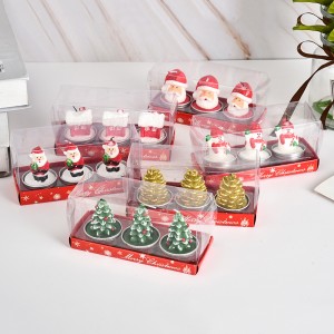 Velas decorativas navideñas con seis diseños surtidos de Santa Claus, muñeco de nieve y árbol, ideales para ambientar espacios festivos. Venta por mayoreo