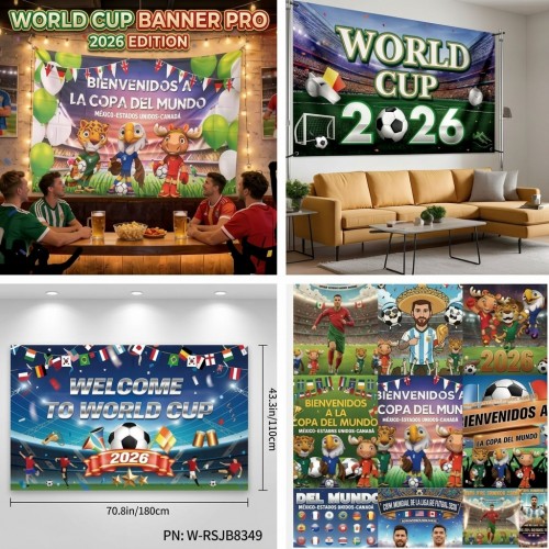 Tela de fondo temática de la Copa del Mundo, ideal para eventos, fiestas, escuelas y negocios. Diseños variados. Medida 110x180 cm. Perfecta para decoración y fotografías. Venta por mayoreo W-RSJB8349.