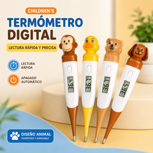 Termómetro digital infantil con pantalla y diseños variados de animales, ideal para medir la temperatura corporal. Venta por mayoreo