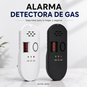 Alarma detectora de gas enchufable con pantalla digital e indicadores luminosos. Venta por mayoreo