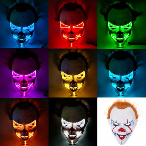 Máscara de payaso con luz LED neón – Multicolor – Terror Halloween – Mayoreo W-RWSY2538