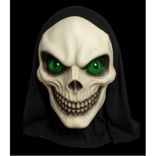 Máscara Calavera Terror con Ojos Verdes y Manto – Halloween Adulto – Mayoreo 
