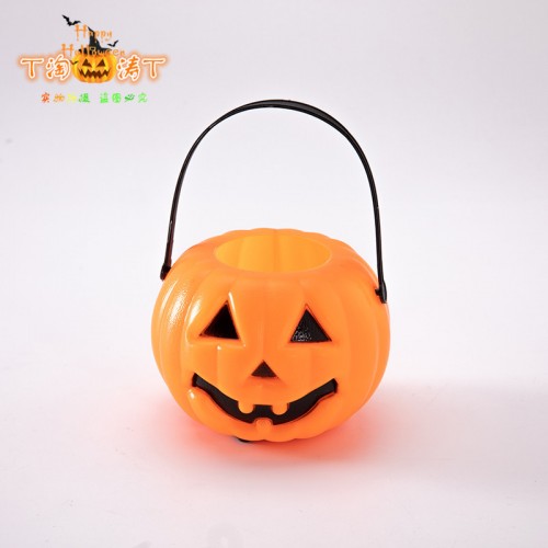 Cubetita calabaza Halloween 12x10 cm – Canastita para dulces – Plástico con asa – Mayoreo 
