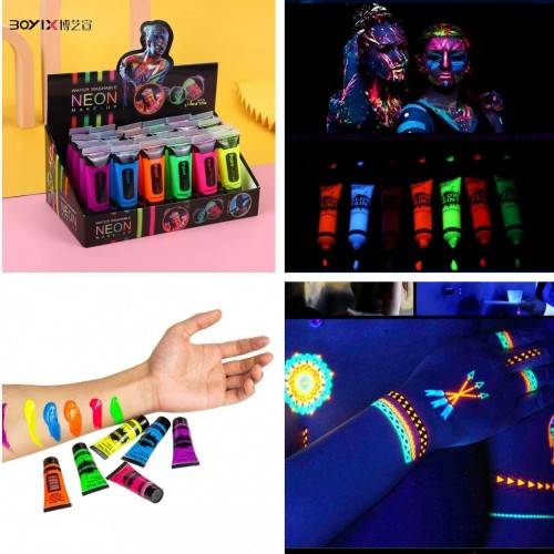 Pintura corporal y facial que brilla en la oscuridad, pintura corporal UV de neón para luz negra, maquillaje facial y corporal fluorescente lavable para maquillaje. Venta por mayoreo