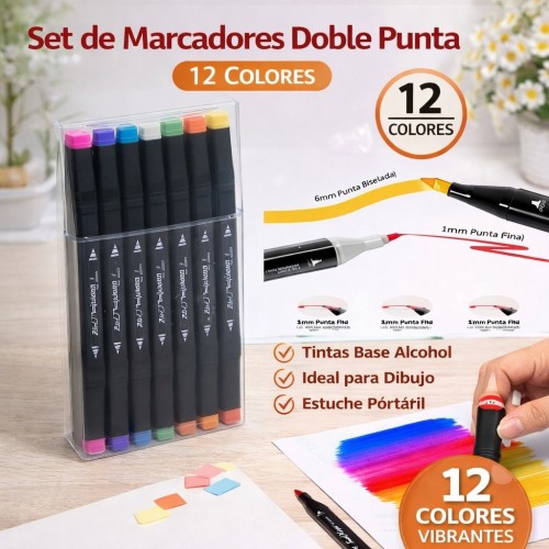 Set de Marcadores Doble Punta 12 Colores Base Alcohol por Mayoreo W-WB8318