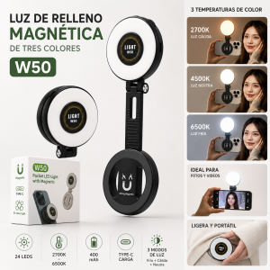 Luz de relleno plegable W50 de tres modos de luz con imán, 24 LED, batería de 400 mAh y carga Type-C, ideal para fotos y videos. Venta por mayoreo