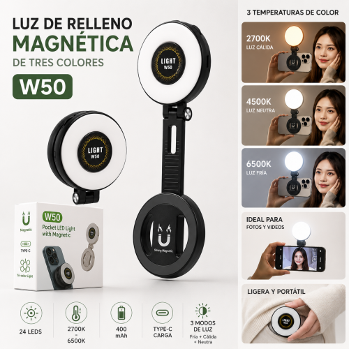 Luz de relleno plegable W50 de tres modos de luz con imán, 24 LED, batería de 400 mAh y carga Type-C, ideal para fotos y videos. Venta por mayoreo