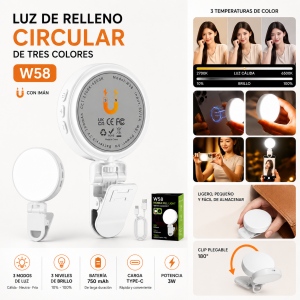 Luz de relleno circular W58 de tres colores con imán, 24 LED, batería de 750 mAh y carga Type-C, ideal para fotos y videos. Venta por mayoreo