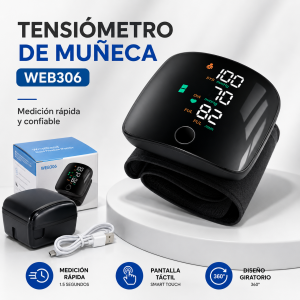 Tensiómetro de muñeca con pantalla digital y brazalete integrado, ideal para medición de presión arterial y pulso. Venta por mayoreo