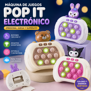 Máquina de juegos Pop It electrónico con botones tipo burbuja y diseños de personajes variados, ideal para entretenimiento y regalo. Venta por mayoreo