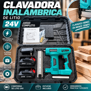 Clavadora inalámbrica de litio de 36V con 2 baterías, cargador y estuche, ideal para trabajos de clavado. Venta por mayoreo