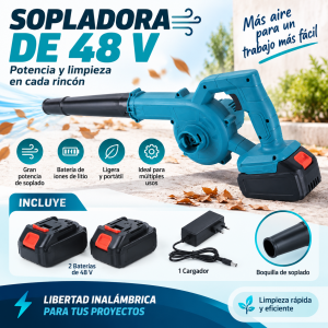 Sopladora de 48 V con batería de iones de litio, 2 baterías y cargador, ideal para tareas de soplado y limpieza. Venta por mayoreo