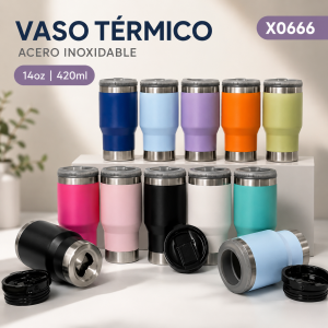 Vaso térmico 3 en 1 con destapador 14 oz y 420 ml, modelo X0666, ideal para llevar bebidas. Venta por mayoreo