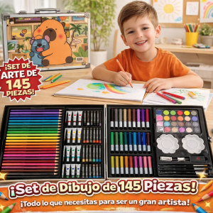 Set de arte de 145 piezas con estuche portátil. Ideal para dibujo, pintura y creatividad. Perfecto para escuela o regalo. Venta por mayoreo X14512