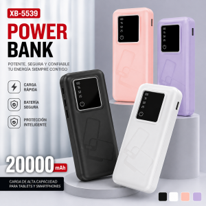Power bank de 20000 mAh con pantalla digital y colores surtidos, ideal para cargar smartphones y tablets. Venta por mayoreo