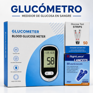 Glucómetro para medición de glucosa en sangre con tiras reactivas y lancetas, ideal para monitoreo doméstico. Venta por mayoreo