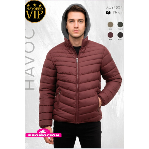 Chamarra para hombre . Diseño acolchado, ligera, térmica y con capucha integrada. Calidad Premium Gorro desmontable.  Venta al por mayor XG24807
